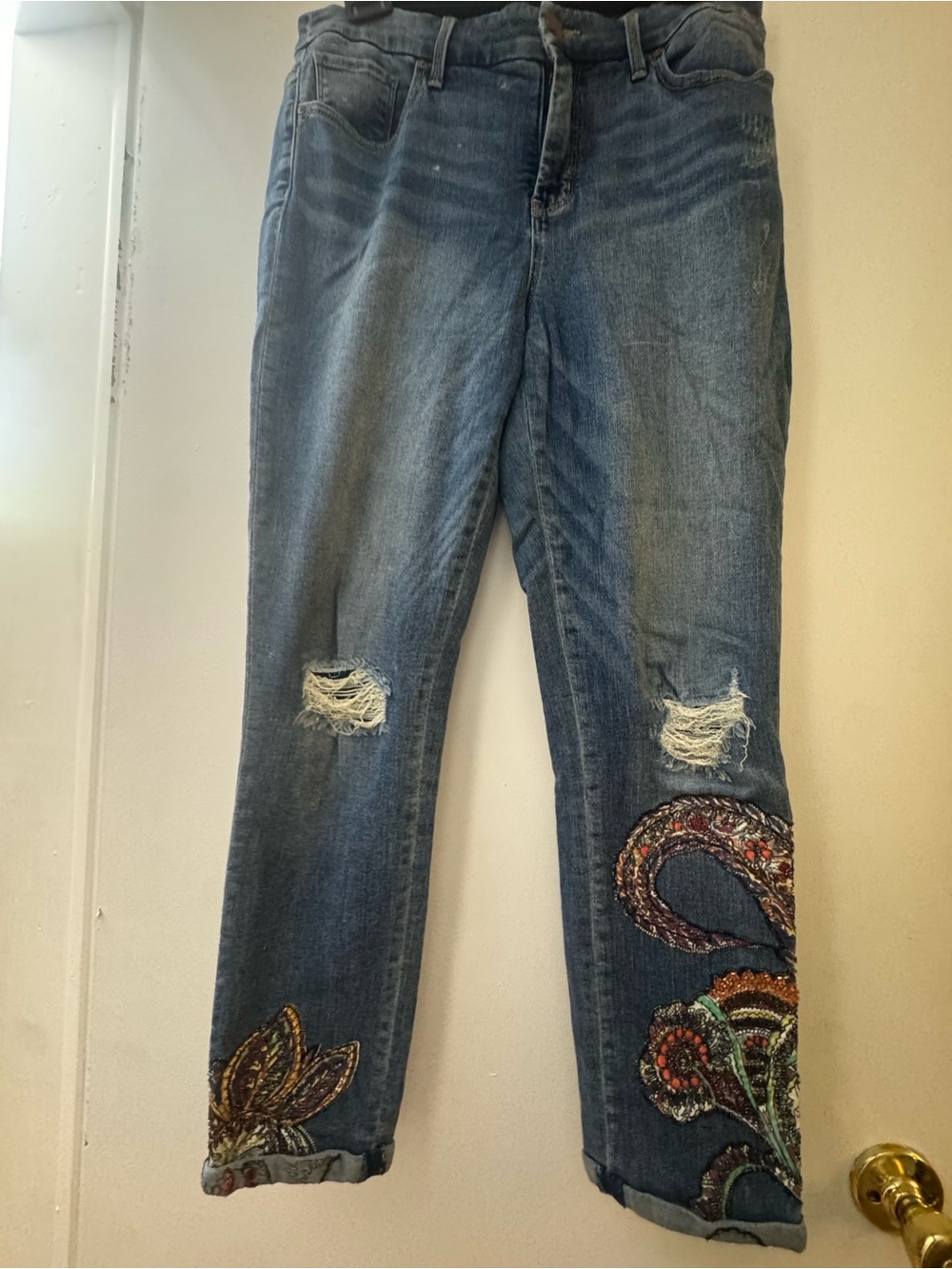 Chico's Blue Straight-Leg Jeans with Paisley Embroidery